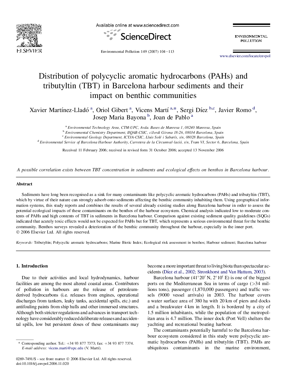 Distribution of polycyclic aromatic hydrocarbons (PAHs) and tributyltin (TBT) in Barcelona harbour sediments and their impact on benthic communities