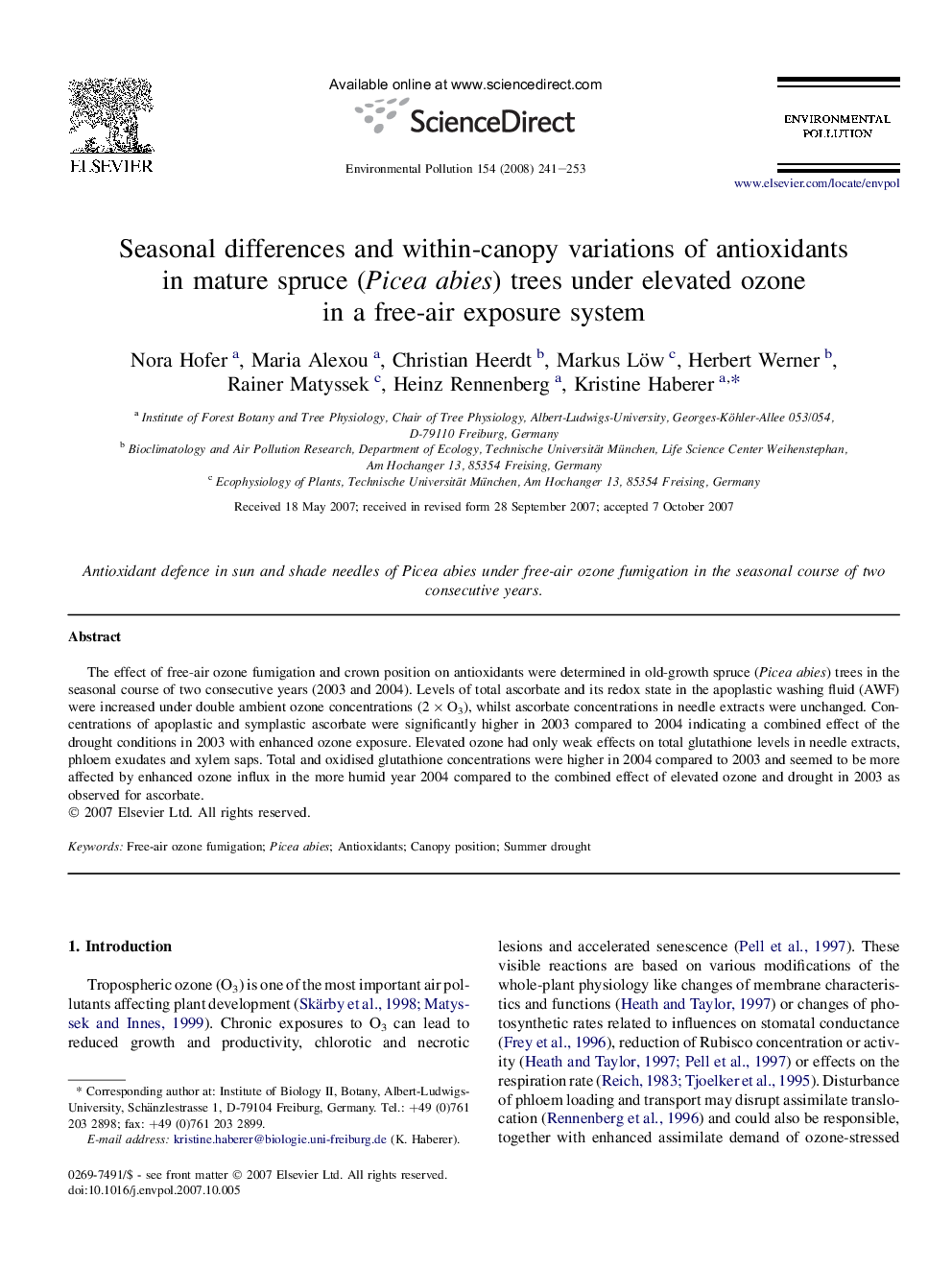 Seasonal differences and within-canopy variations of antioxidants in mature spruce (Picea abies) trees under elevated ozone in a free-air exposure system