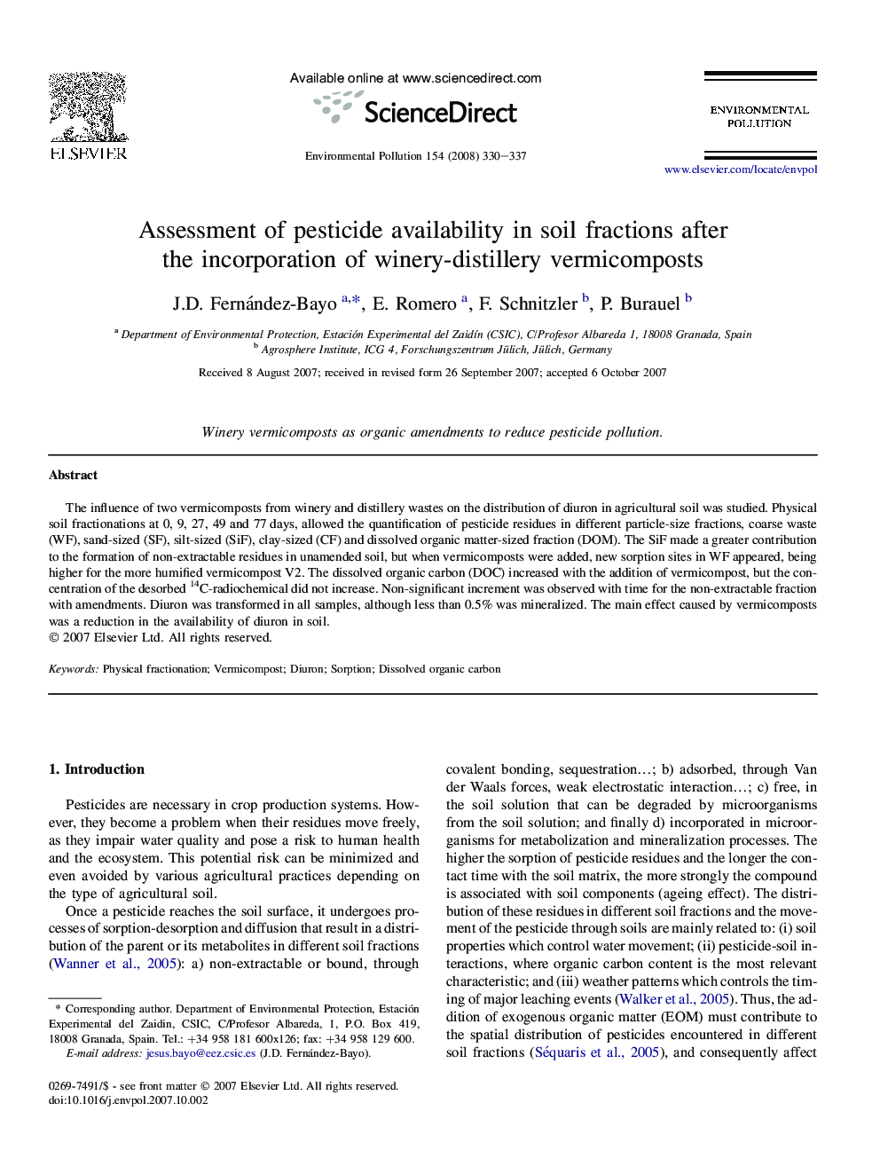 Assessment of pesticide availability in soil fractions after the incorporation of winery-distillery vermicomposts