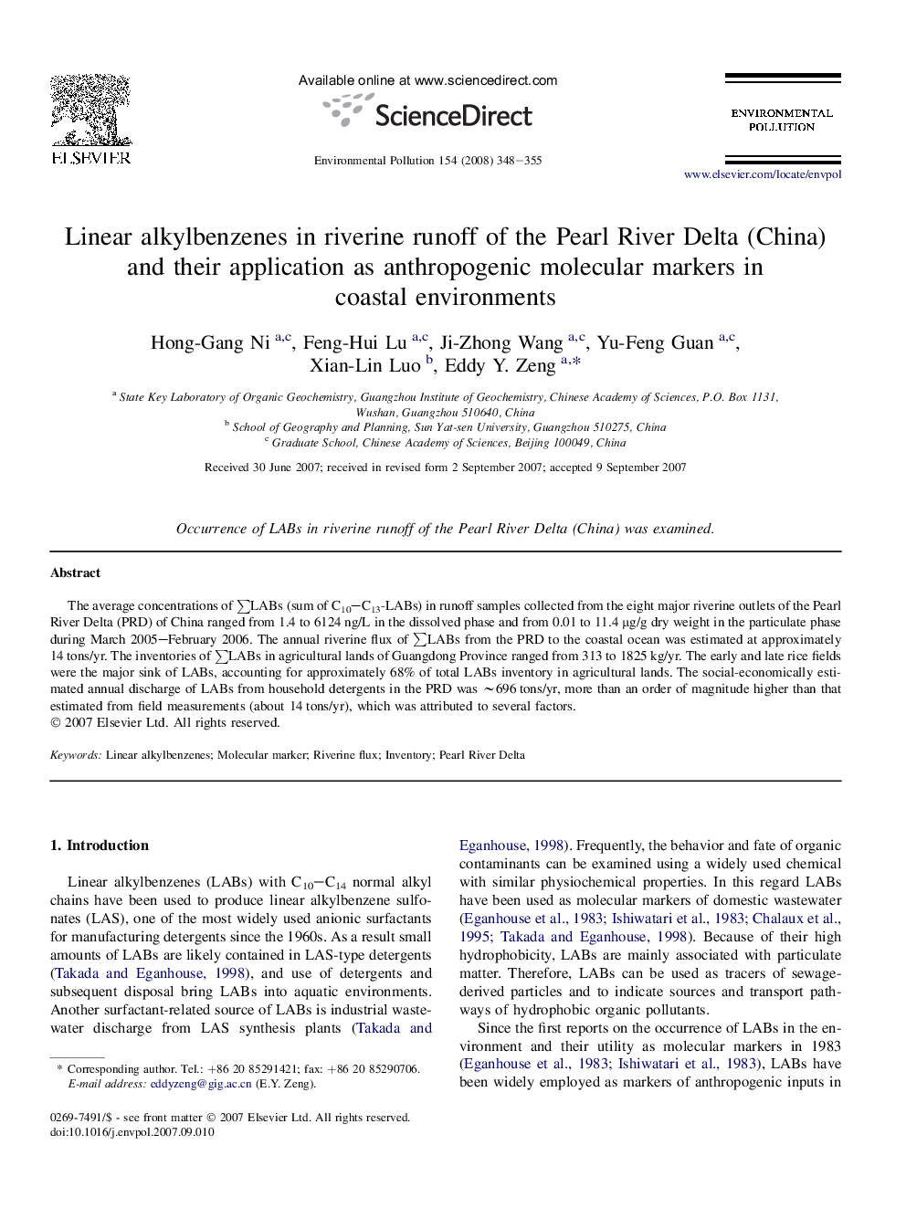 Linear alkylbenzenes in riverine runoff of the Pearl River Delta (China) and their application as anthropogenic molecular markers in coastal environments