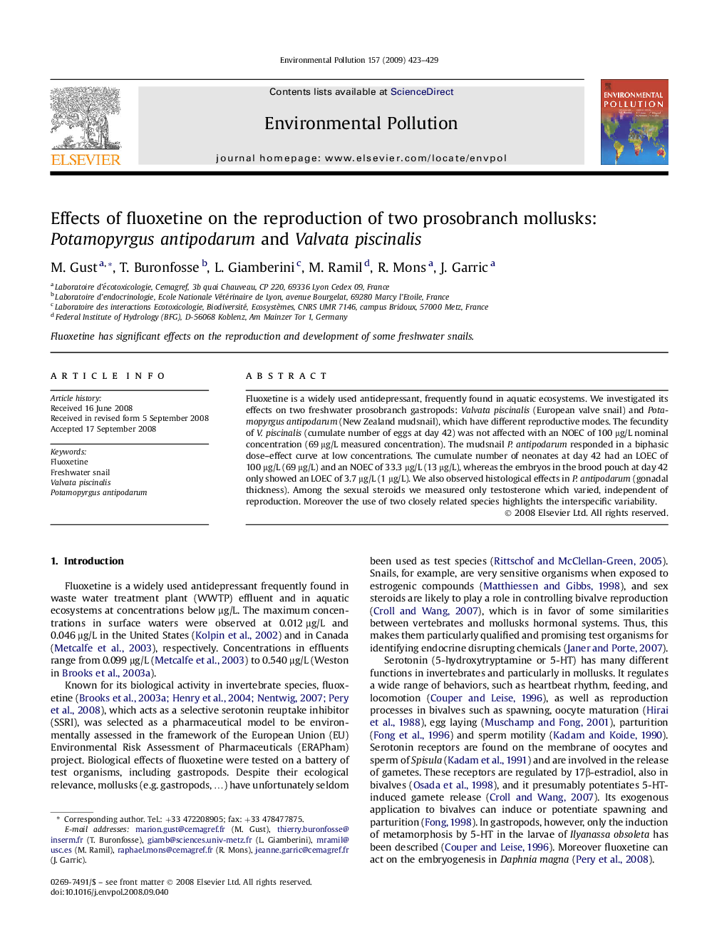 Effects of fluoxetine on the reproduction of two prosobranch mollusks: Potamopyrgus antipodarum and Valvata piscinalis