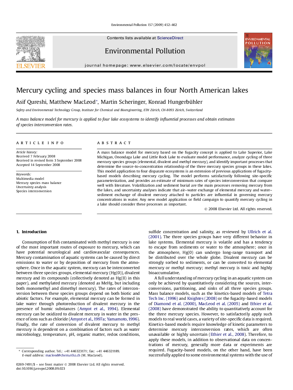 عکس صفحه اول مقاله: Mercury cycling and species mass balances in four North American lakes Mercury cycling and species mass balances in four North American lakes