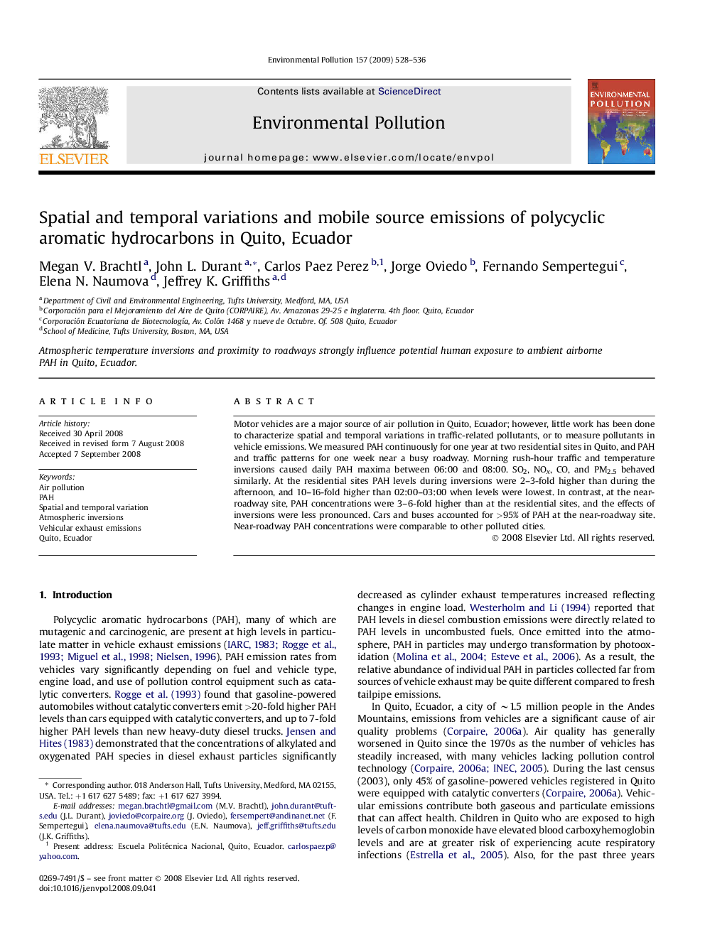 Spatial and temporal variations and mobile source emissions of polycyclic aromatic hydrocarbons in Quito, Ecuador