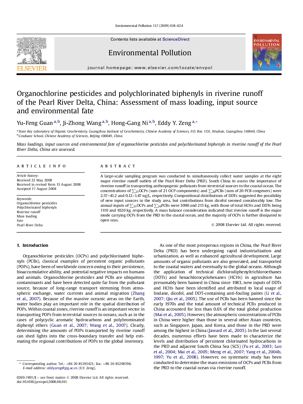 Organochlorine pesticides and polychlorinated biphenyls in riverine runoff of the Pearl River Delta, China: Assessment of mass loading, input source and environmental fate