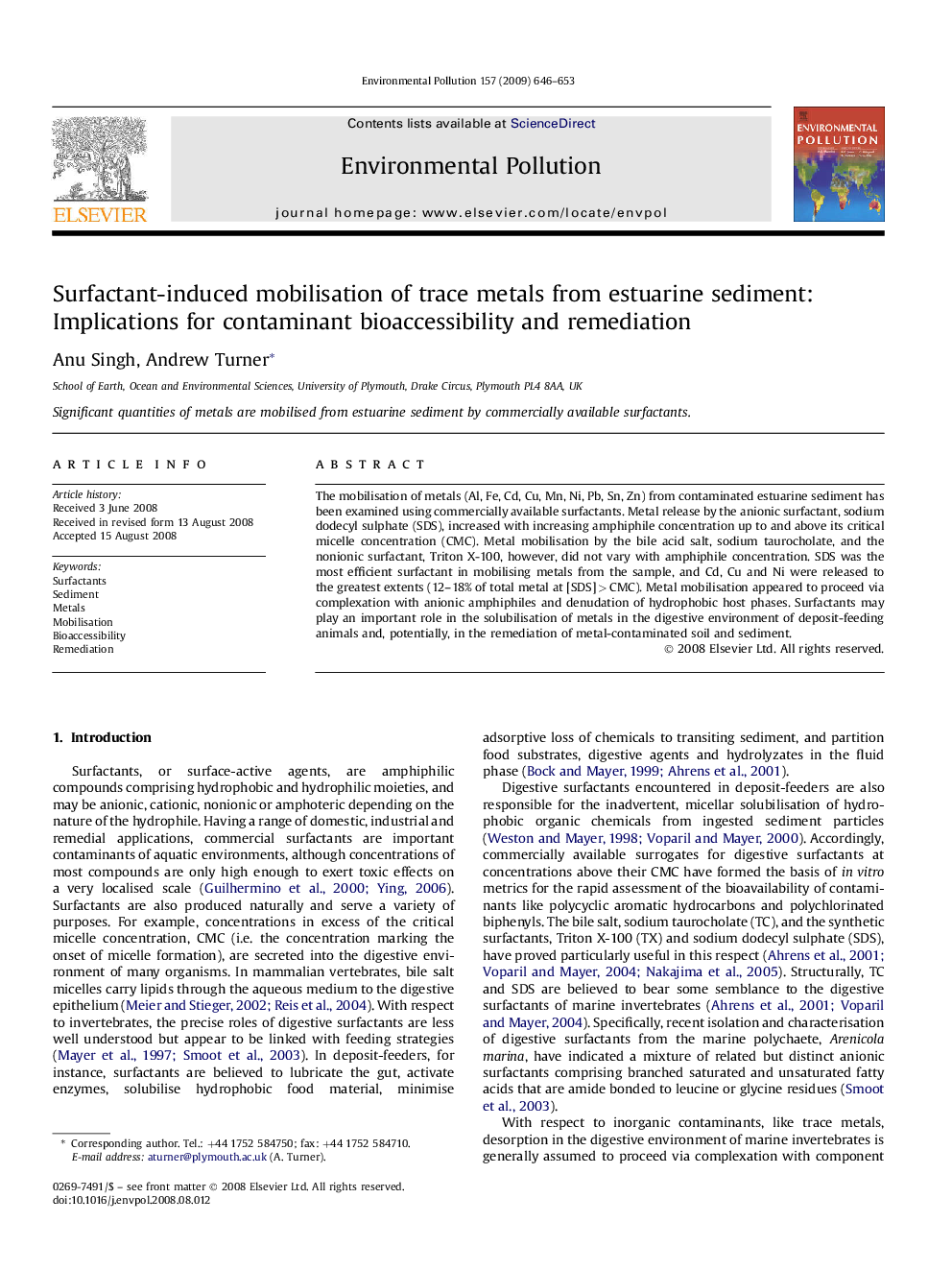 Surfactant-induced mobilisation of trace metals from estuarine sediment: Implications for contaminant bioaccessibility and remediation