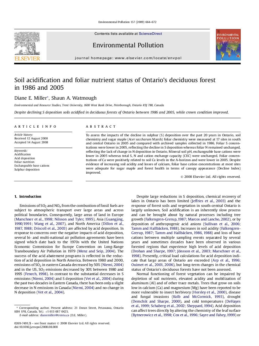 Soil acidification and foliar nutrient status of Ontario's deciduous forest in 1986 and 2005