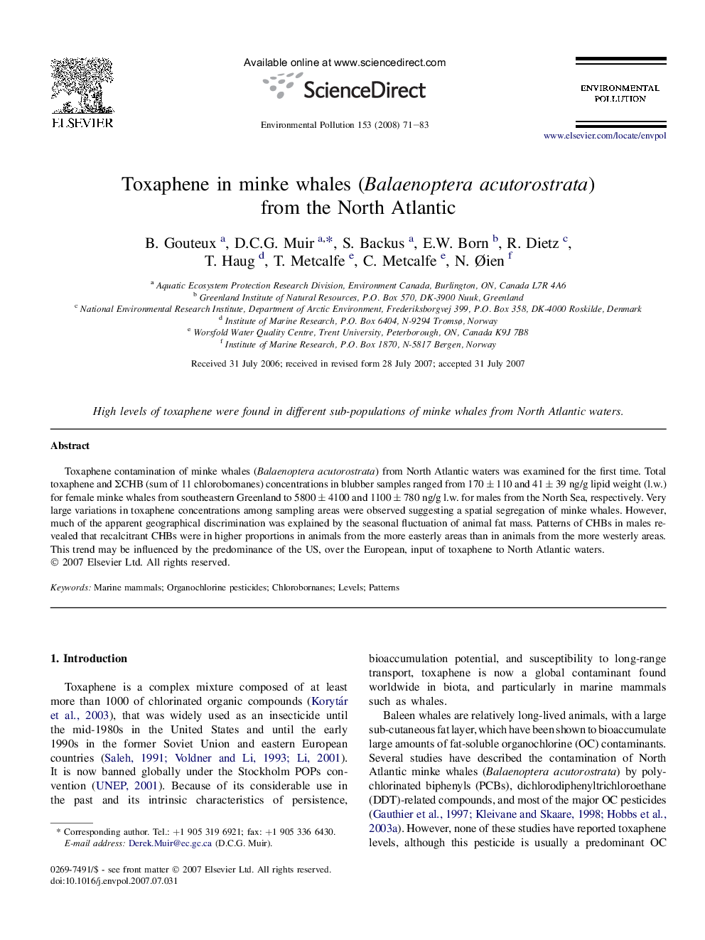 Toxaphene in minke whales (Balaenoptera acutorostrata) from the North Atlantic