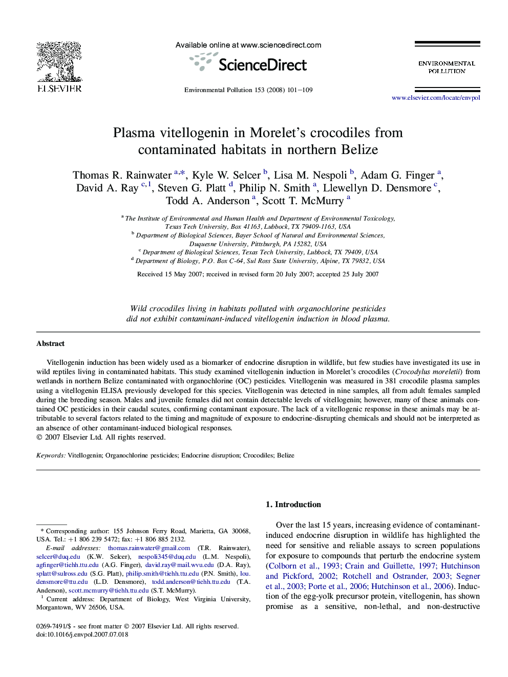 Plasma vitellogenin in Morelet's crocodiles from contaminated habitats in northern Belize