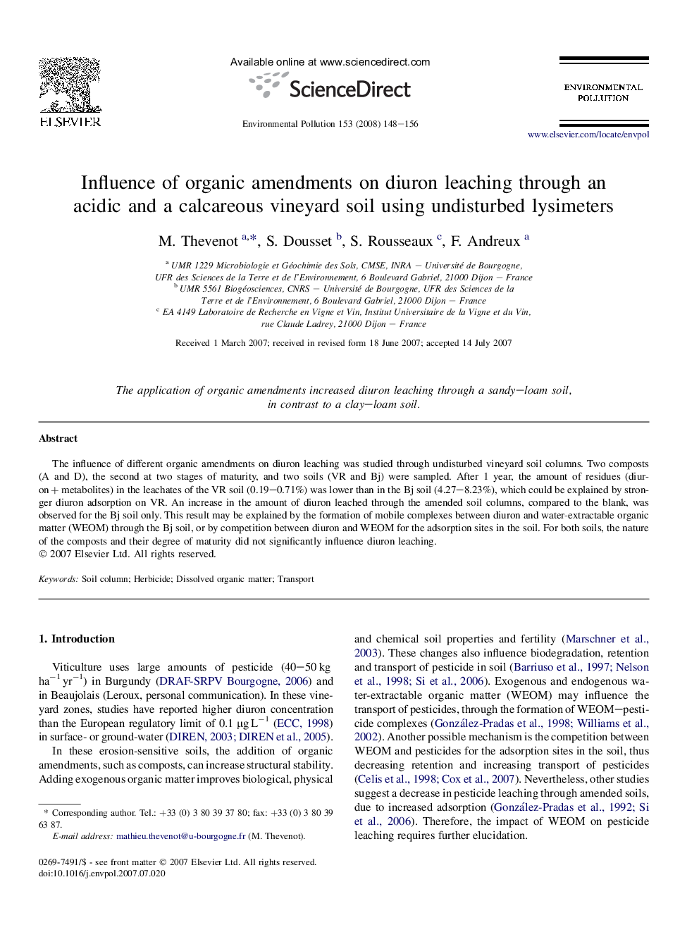 Influence of organic amendments on diuron leaching through an acidic and a calcareous vineyard soil using undisturbed lysimeters