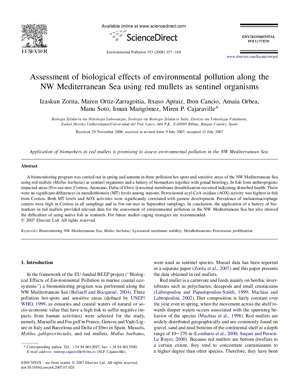 Assessment of biological effects of environmental pollution along the NW Mediterranean Sea using red mullets as sentinel organisms