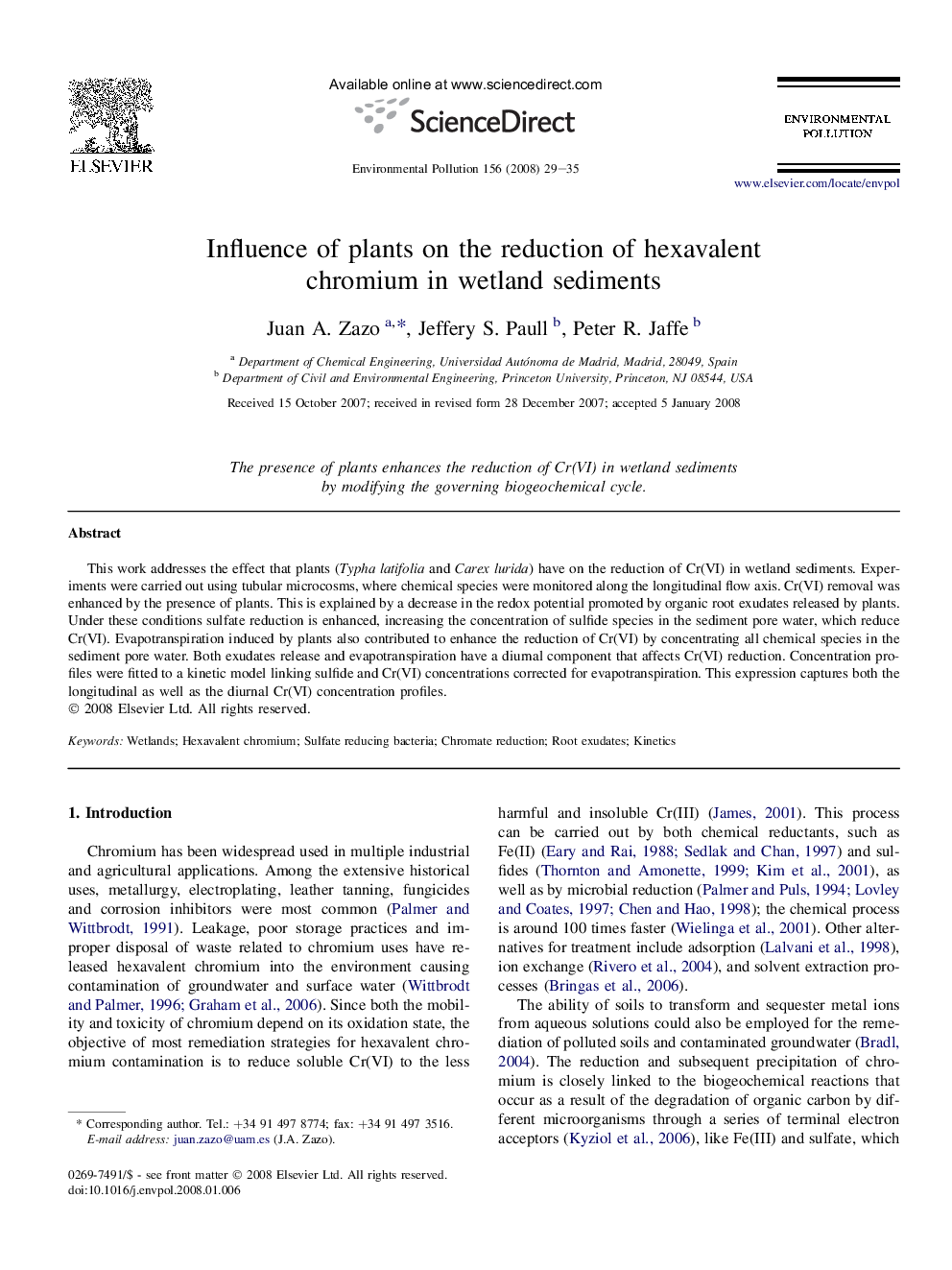 عکس صفحه اول مقاله: Influence of plants on the reduction of hexavalent chromium in wetland sediments Influence of plants on the reduction of hexavalent chromium in wetland sediments