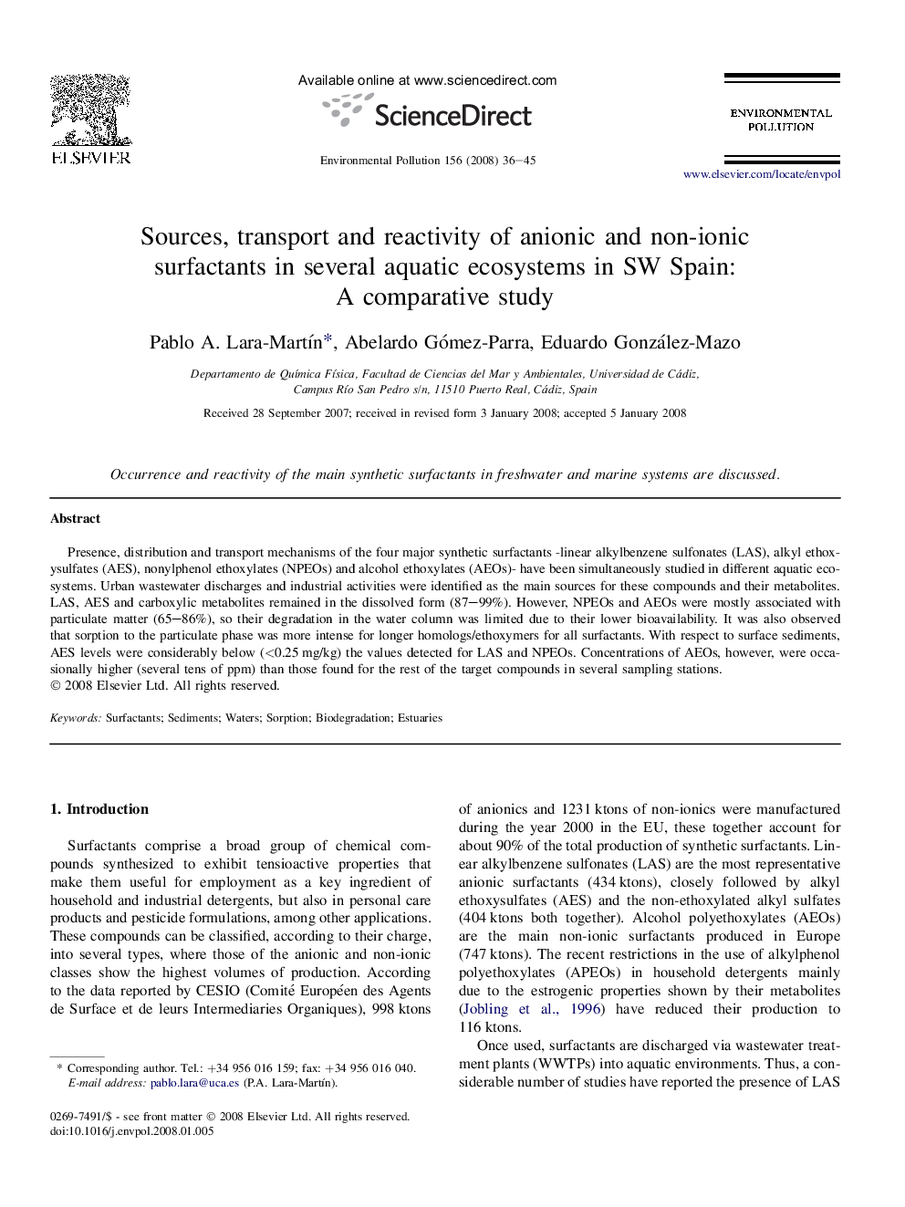 Sources, transport and reactivity of anionic and non-ionic surfactants in several aquatic ecosystems in SW Spain: A comparative study