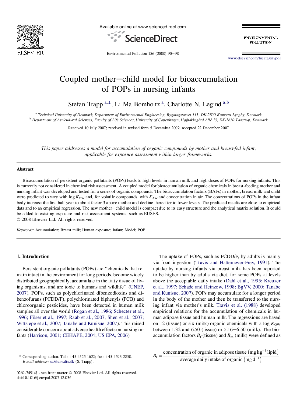 Coupled mother–child model for bioaccumulation of POPs in nursing infants