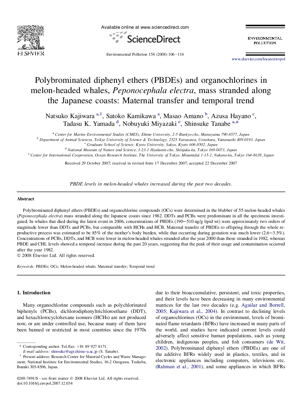 Polybrominated diphenyl ethers (PBDEs) and organochlorines in melon-headed whales, Peponocephala electra, mass stranded along the Japanese coasts: Maternal transfer and temporal trend