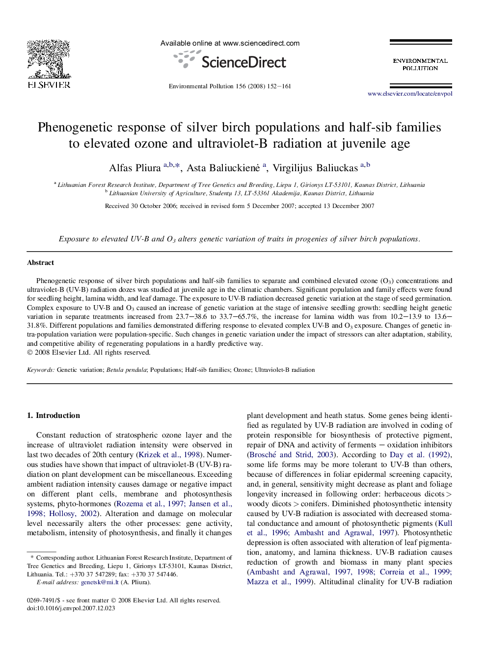 Phenogenetic response of silver birch populations and half-sib families to elevated ozone and ultraviolet-B radiation at juvenile age