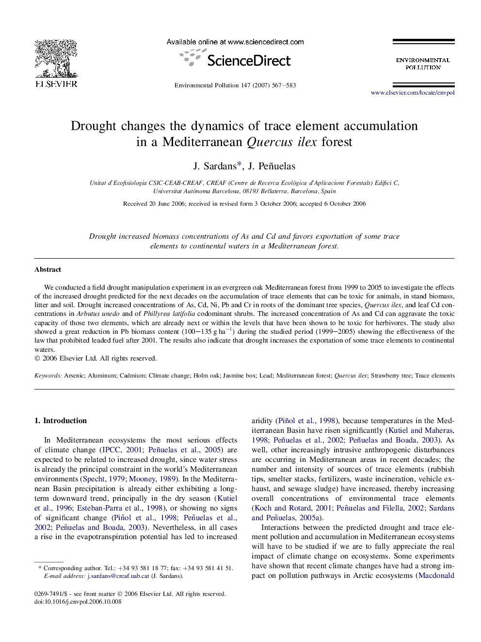 Drought changes the dynamics of trace element accumulation in a Mediterranean Quercus ilex forest