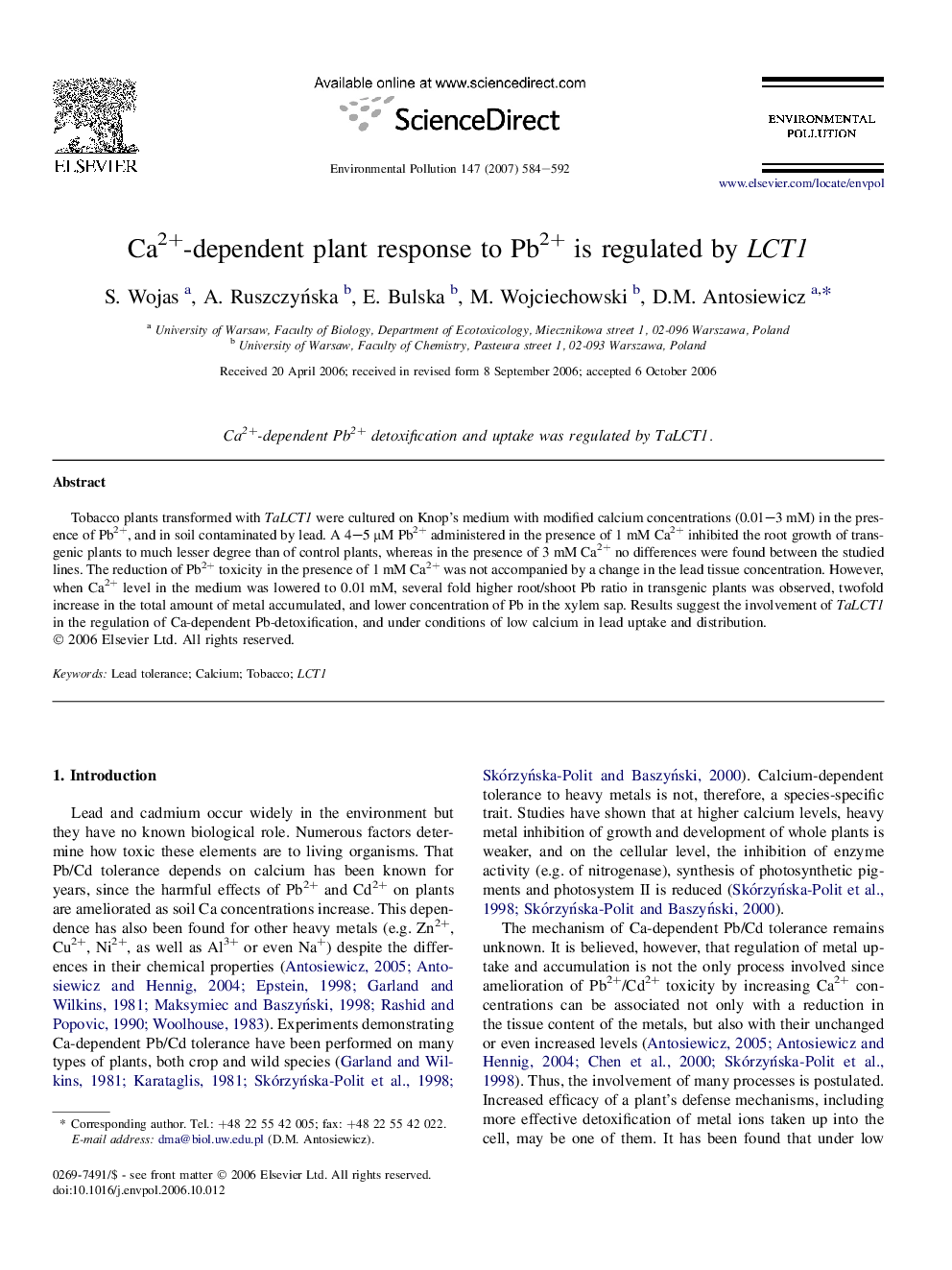 Ca2+-dependent plant response to Pb2+ is regulated by LCT1