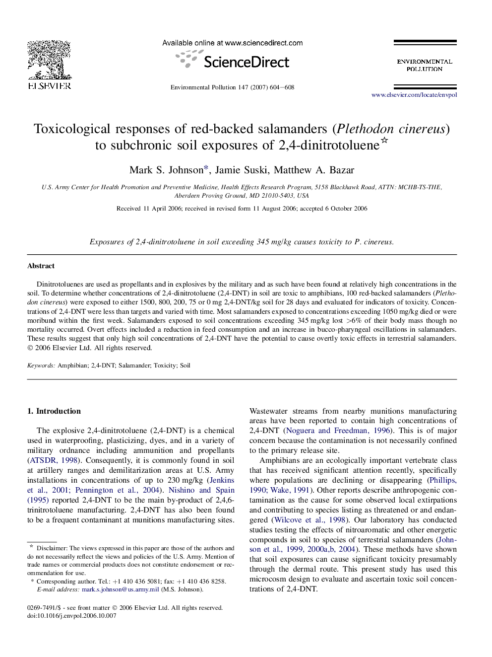 Toxicological responses of red-backed salamanders (Plethodon cinereus) to subchronic soil exposures of 2,4-dinitrotoluene 