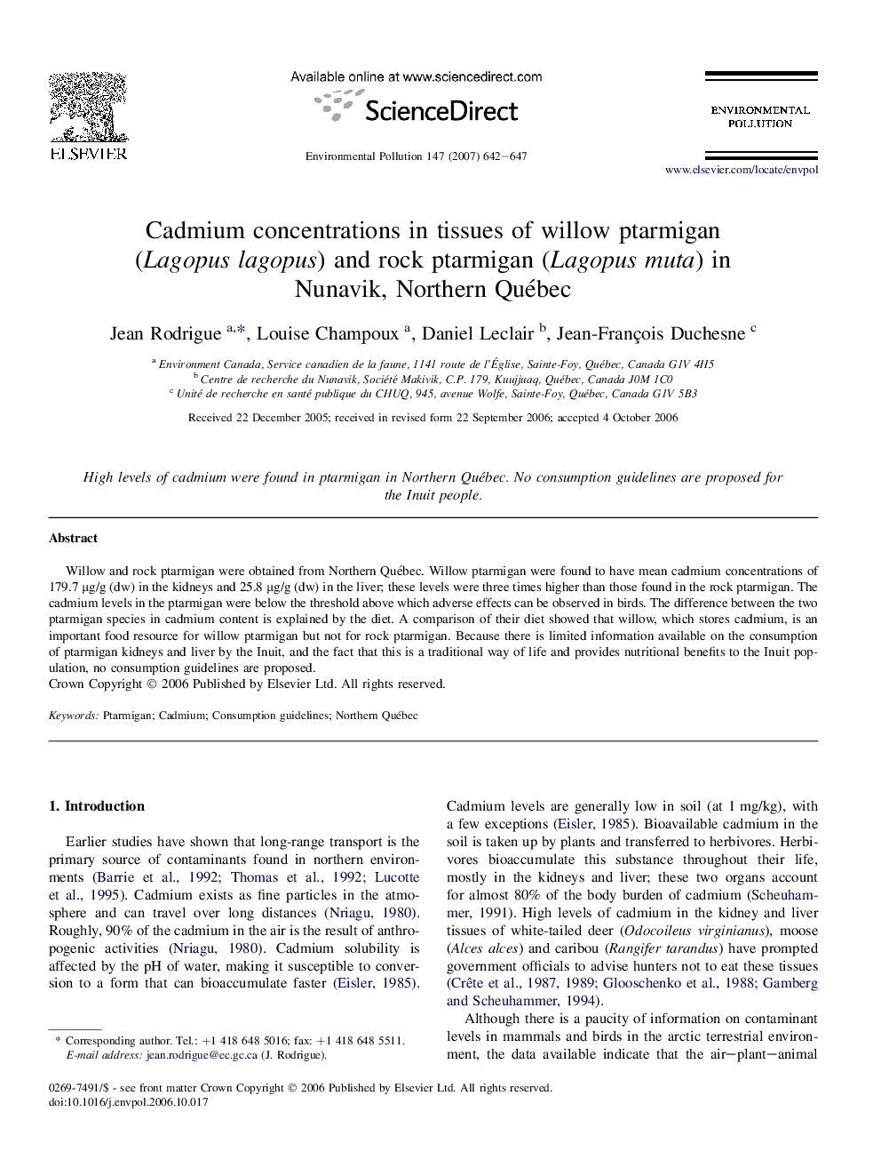 Cadmium concentrations in tissues of willow ptarmigan (Lagopus lagopus) and rock ptarmigan (Lagopus muta) in Nunavik, Northern Québec