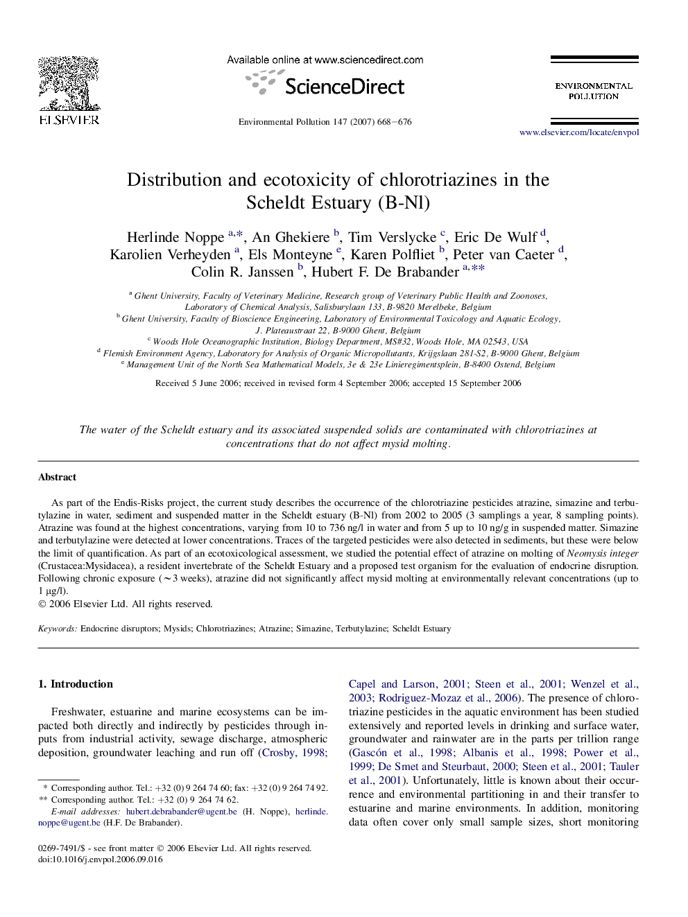 Distribution and ecotoxicity of chlorotriazines in the Scheldt Estuary (B-Nl)