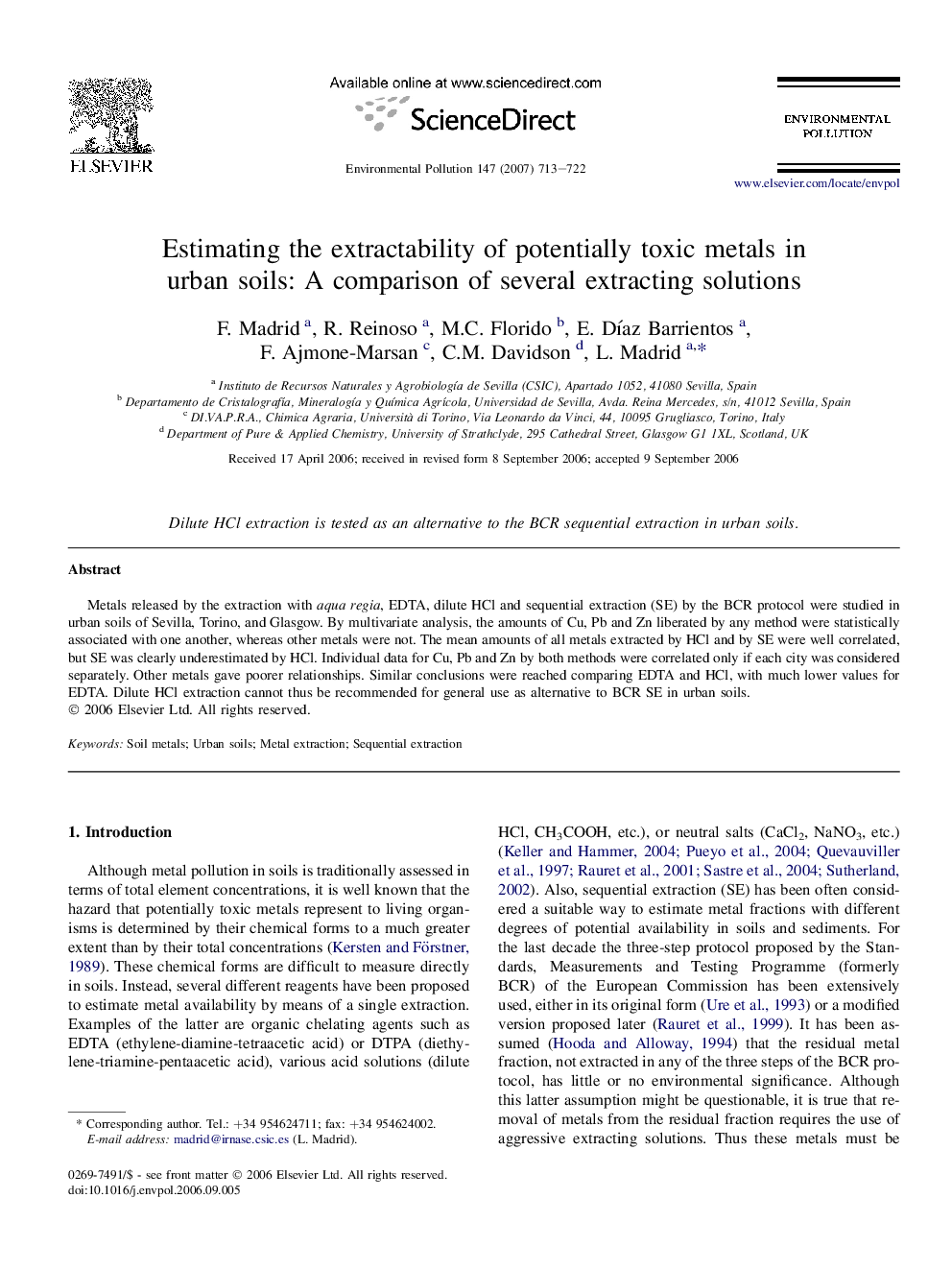 Estimating the extractability of potentially toxic metals in urban soils: A comparison of several extracting solutions