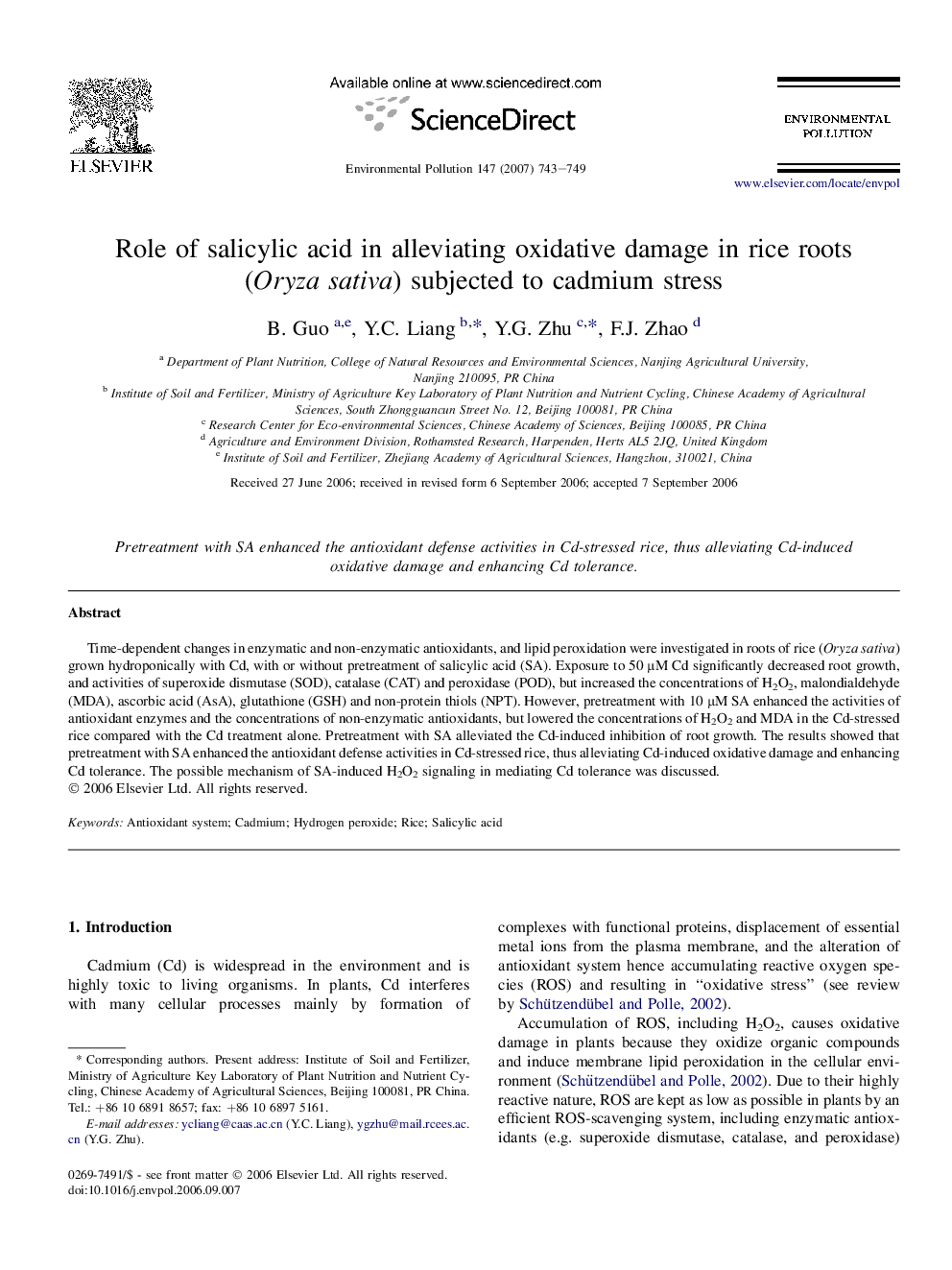 Role of salicylic acid in alleviating oxidative damage in rice roots (Oryza sativa) subjected to cadmium stress