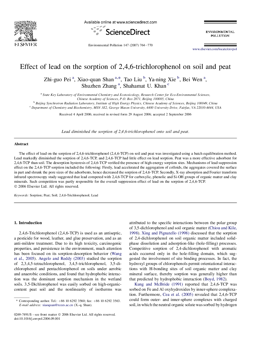 Effect of lead on the sorption of 2,4,6-trichlorophenol on soil and peat