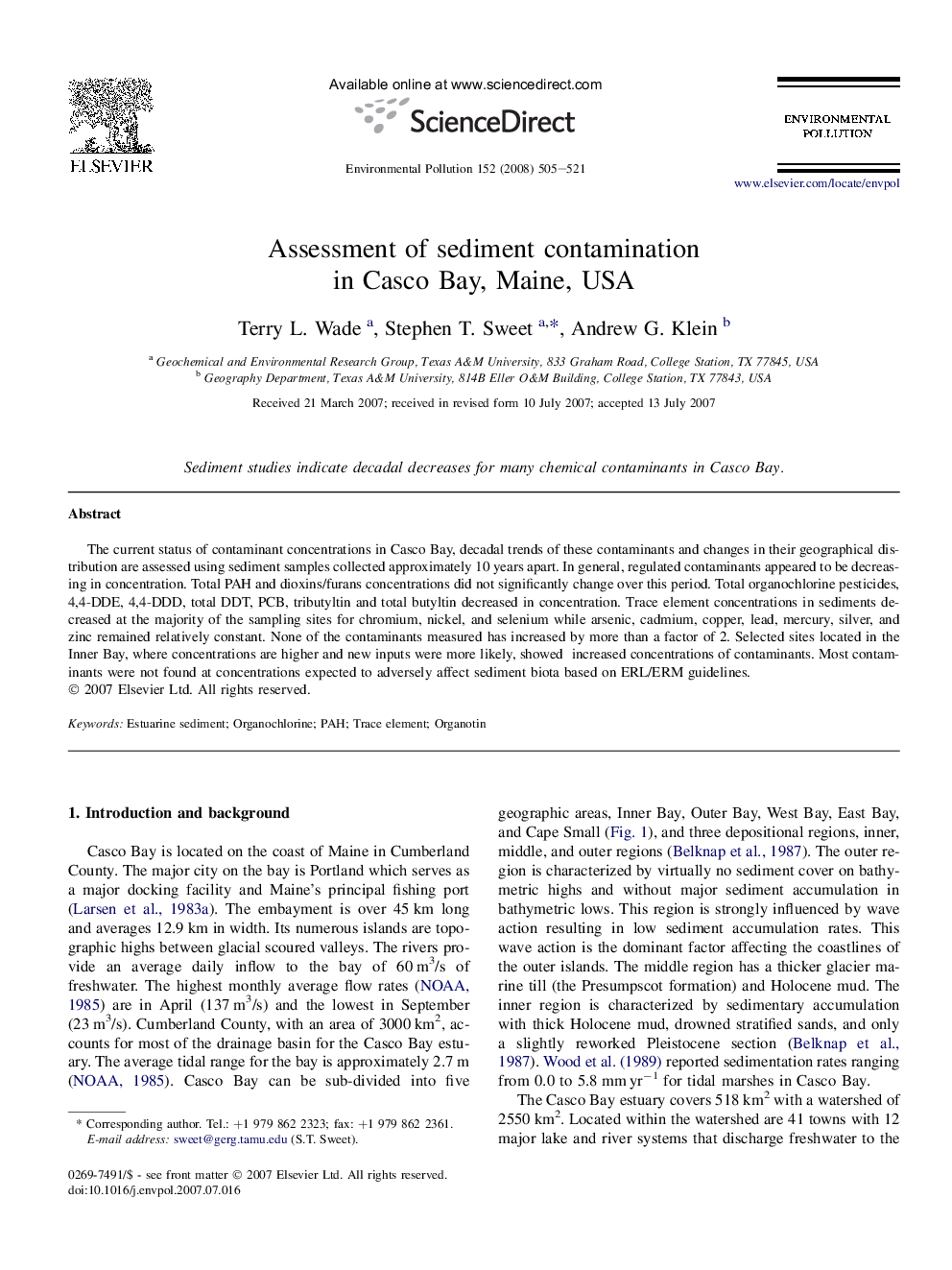 Assessment of sediment contamination in Casco Bay, Maine, USA