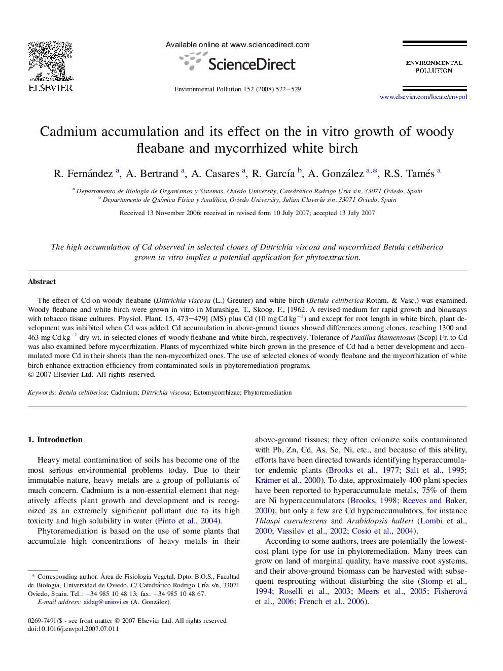 Cadmium accumulation and its effect on the in vitro growth of woody fleabane and mycorrhized white birch