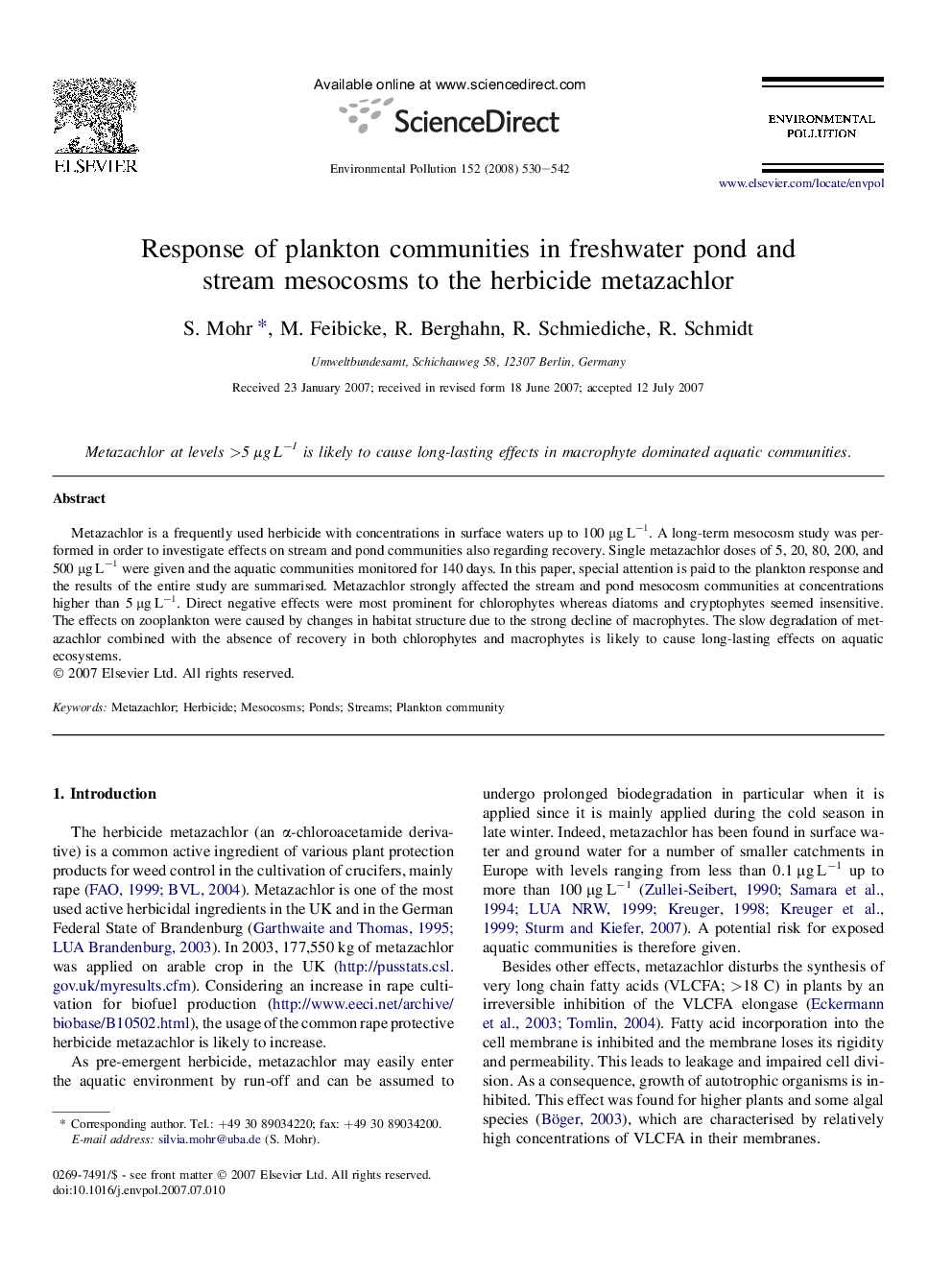 Response of plankton communities in freshwater pond and stream mesocosms to the herbicide metazachlor