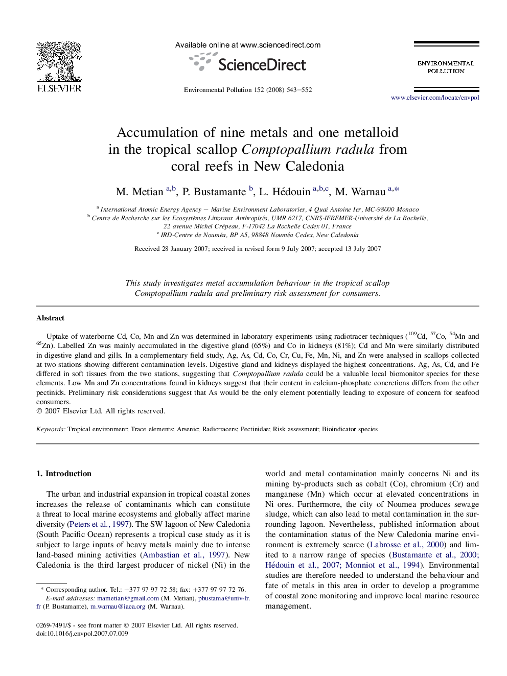 Accumulation of nine metals and one metalloid in the tropical scallop Comptopallium radula from coral reefs in New Caledonia