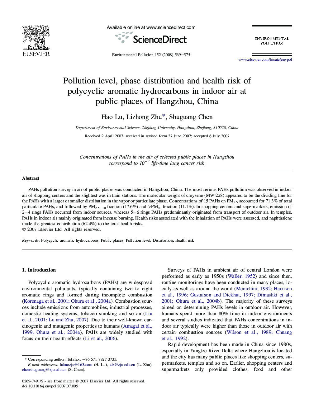 Pollution level, phase distribution and health risk of polycyclic aromatic hydrocarbons in indoor air at public places of Hangzhou, China