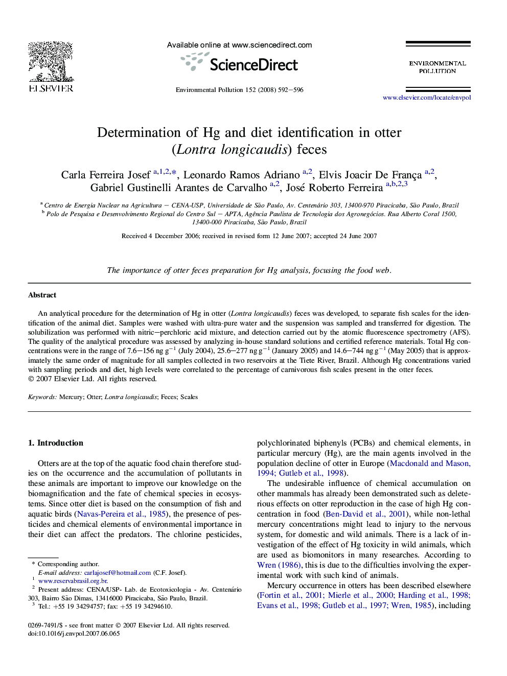 Determination of Hg and diet identification in otter (Lontra longicaudis) feces