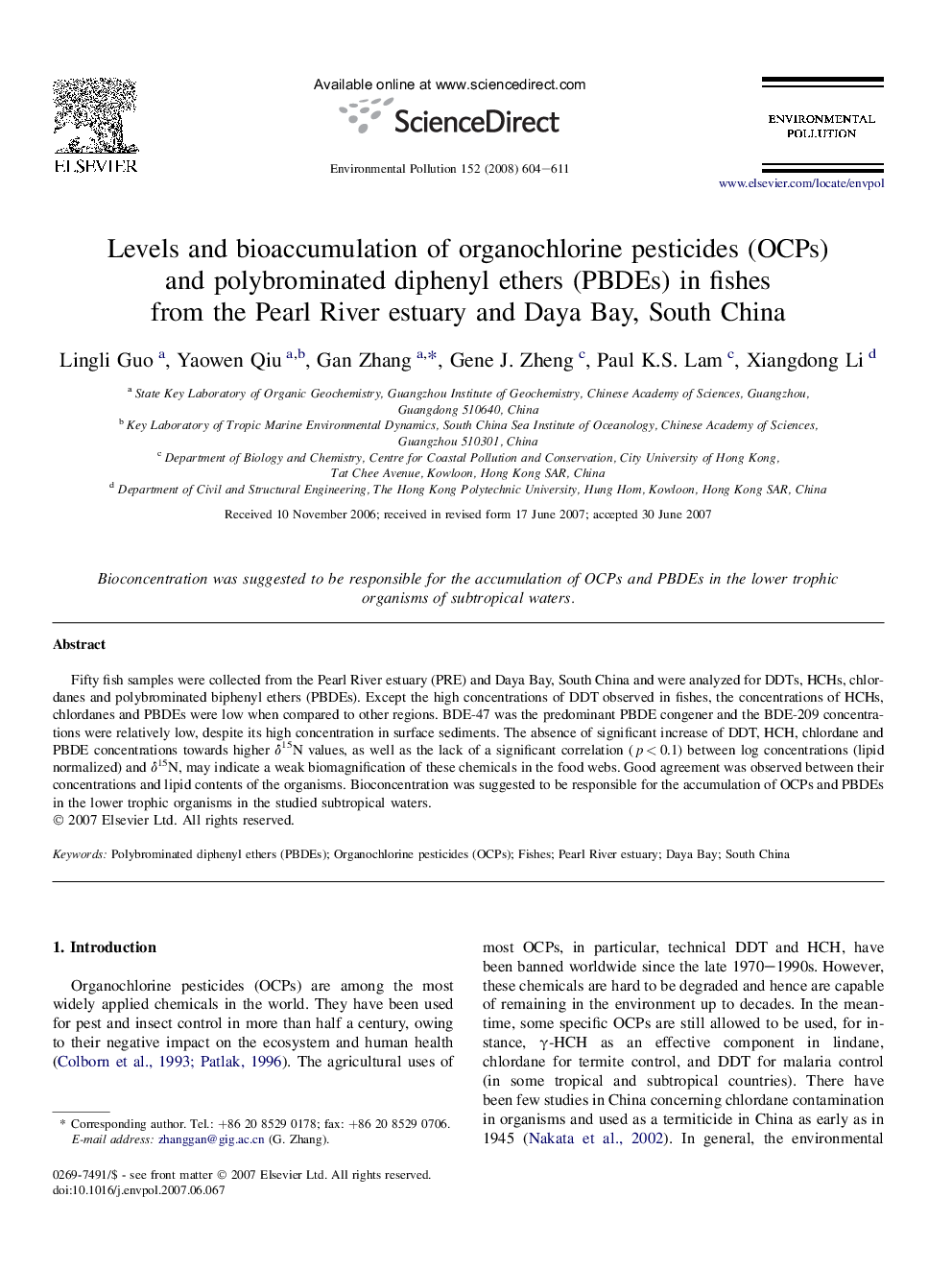 Levels and bioaccumulation of organochlorine pesticides (OCPs) and polybrominated diphenyl ethers (PBDEs) in fishes from the Pearl River estuary and Daya Bay, South China