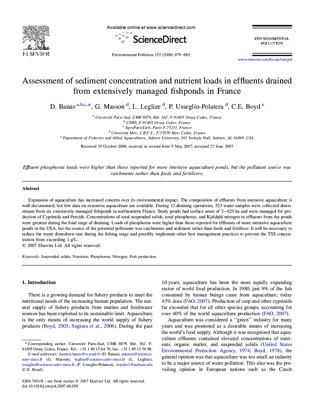 Assessment of sediment concentration and nutrient loads in effluents drained from extensively managed fishponds in France