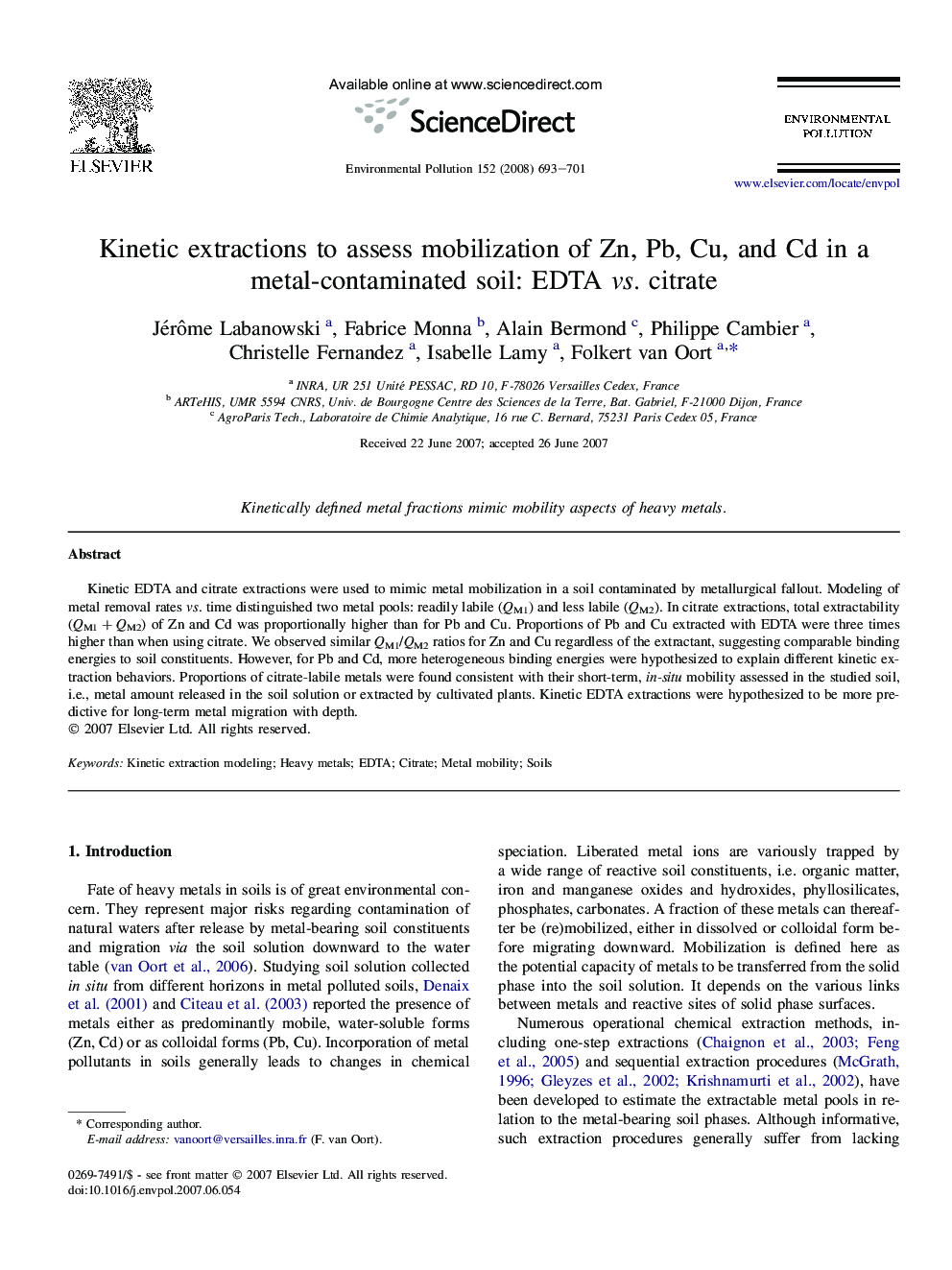 Kinetic extractions to assess mobilization of Zn, Pb, Cu, and Cd in a metal-contaminated soil: EDTA vs. citrate