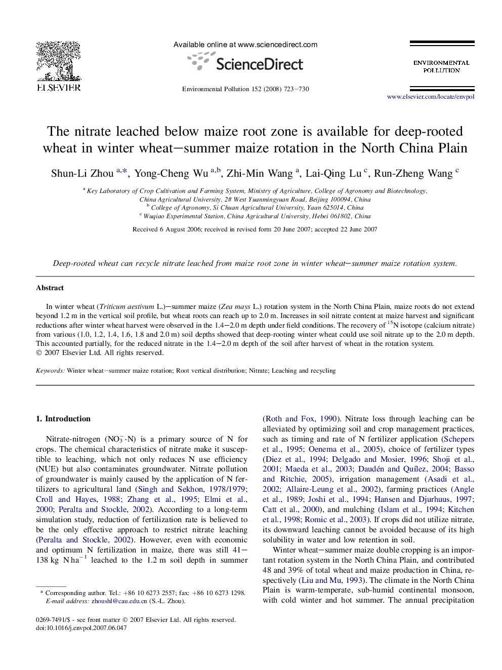 The nitrate leached below maize root zone is available for deep-rooted wheat in winter wheat-summer maize rotation in the North China Plain