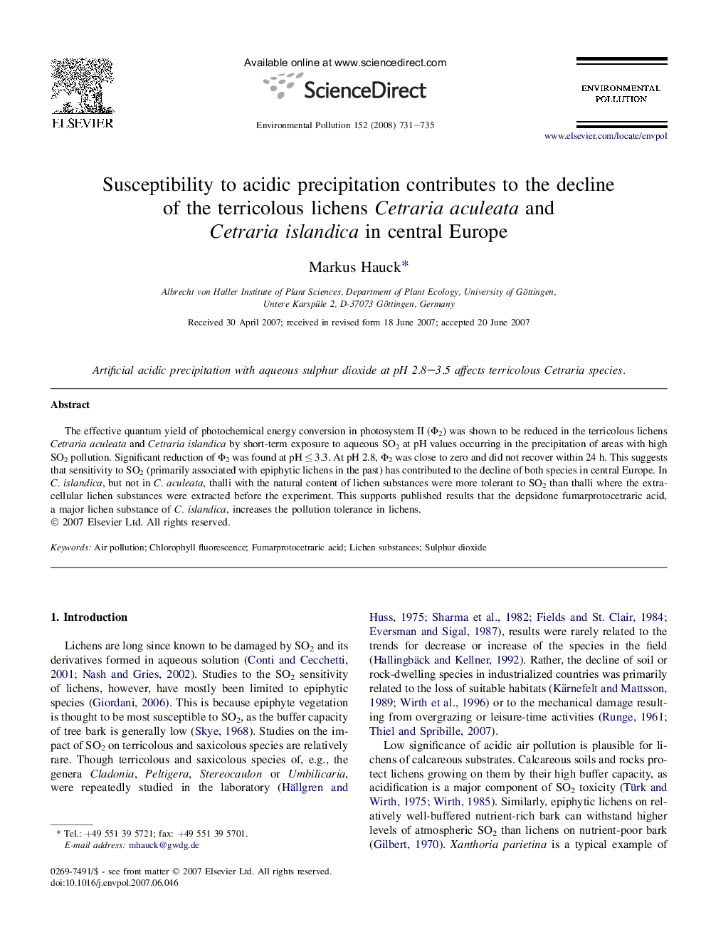 Susceptibility to acidic precipitation contributes to the decline of the terricolous lichens Cetraria aculeata and Cetraria islandica in central Europe