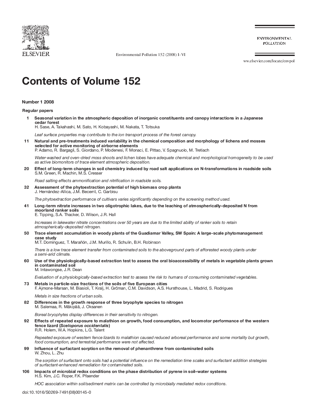 Contents of Volume 152