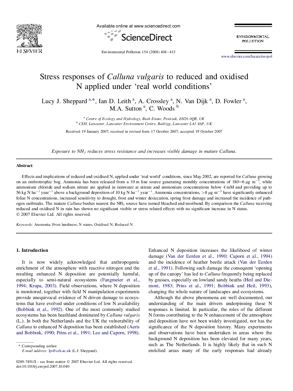 Stress responses of Calluna vulgaris to reduced and oxidised N applied under ‘real world conditions’