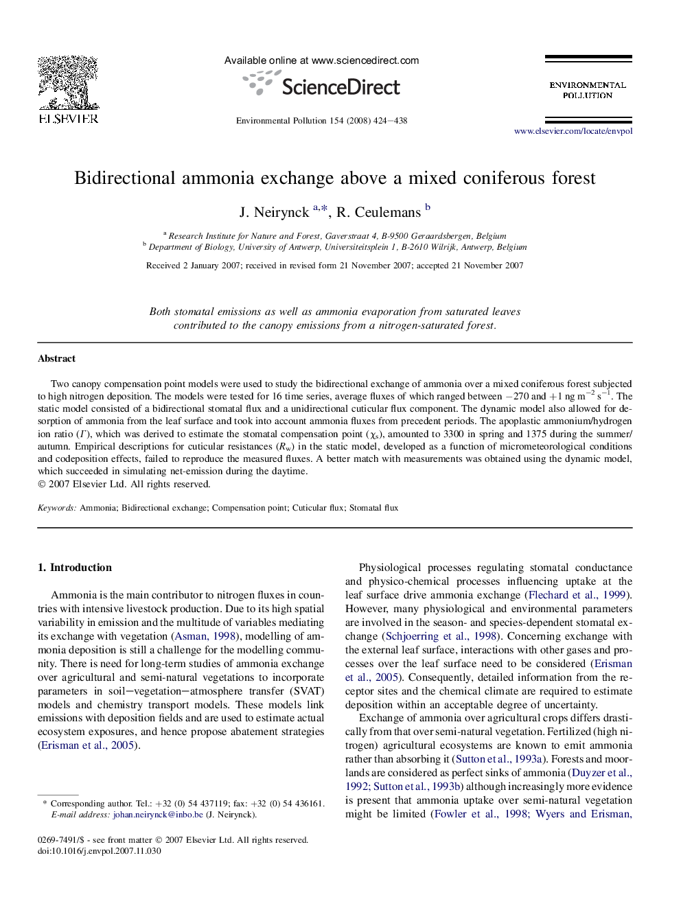 Bidirectional ammonia exchange above a mixed coniferous forest