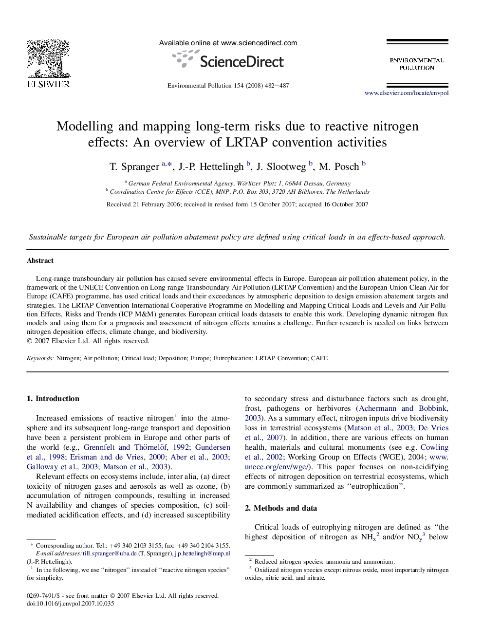 Modelling and mapping long-term risks due to reactive nitrogen effects: An overview of LRTAP convention activities