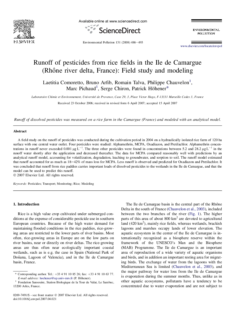 Runoff of pesticides from rice fields in the Ile de Camargue (Rhône river delta, France): Field study and modeling