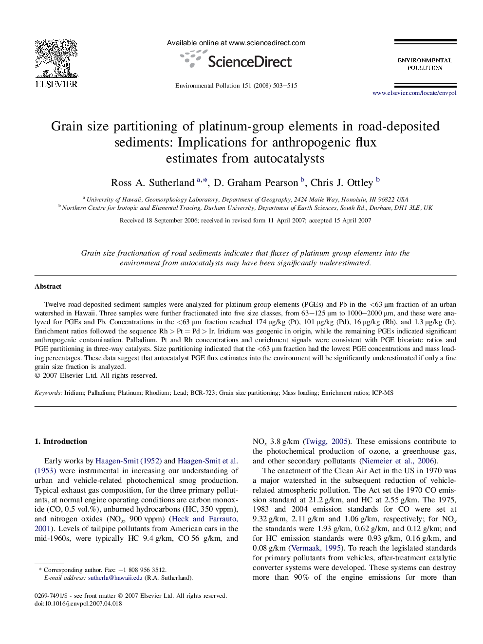 Grain size partitioning of platinum-group elements in road-deposited sediments: Implications for anthropogenic flux estimates from autocatalysts