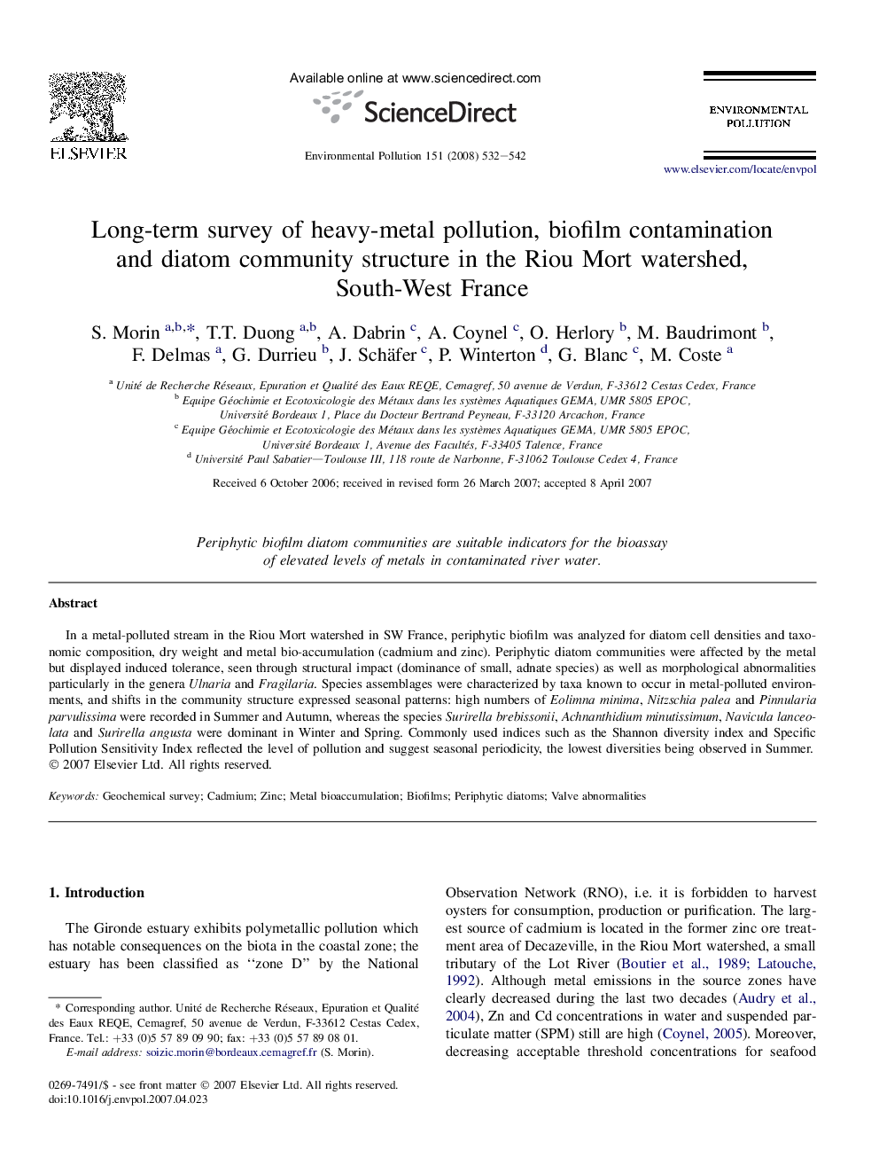 Long-term survey of heavy-metal pollution, biofilm contamination and diatom community structure in the Riou Mort watershed, South-West France