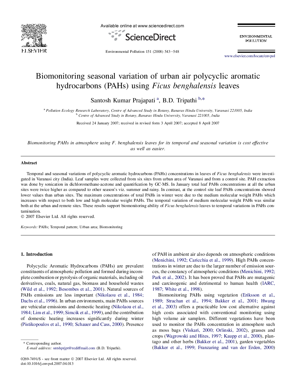 Biomonitoring seasonal variation of urban air polycyclic aromatic hydrocarbons (PAHs) using Ficus benghalensis leaves