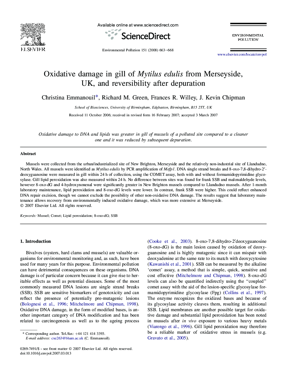 Oxidative damage in gill of Mytilus edulis from Merseyside, UK, and reversibility after depuration