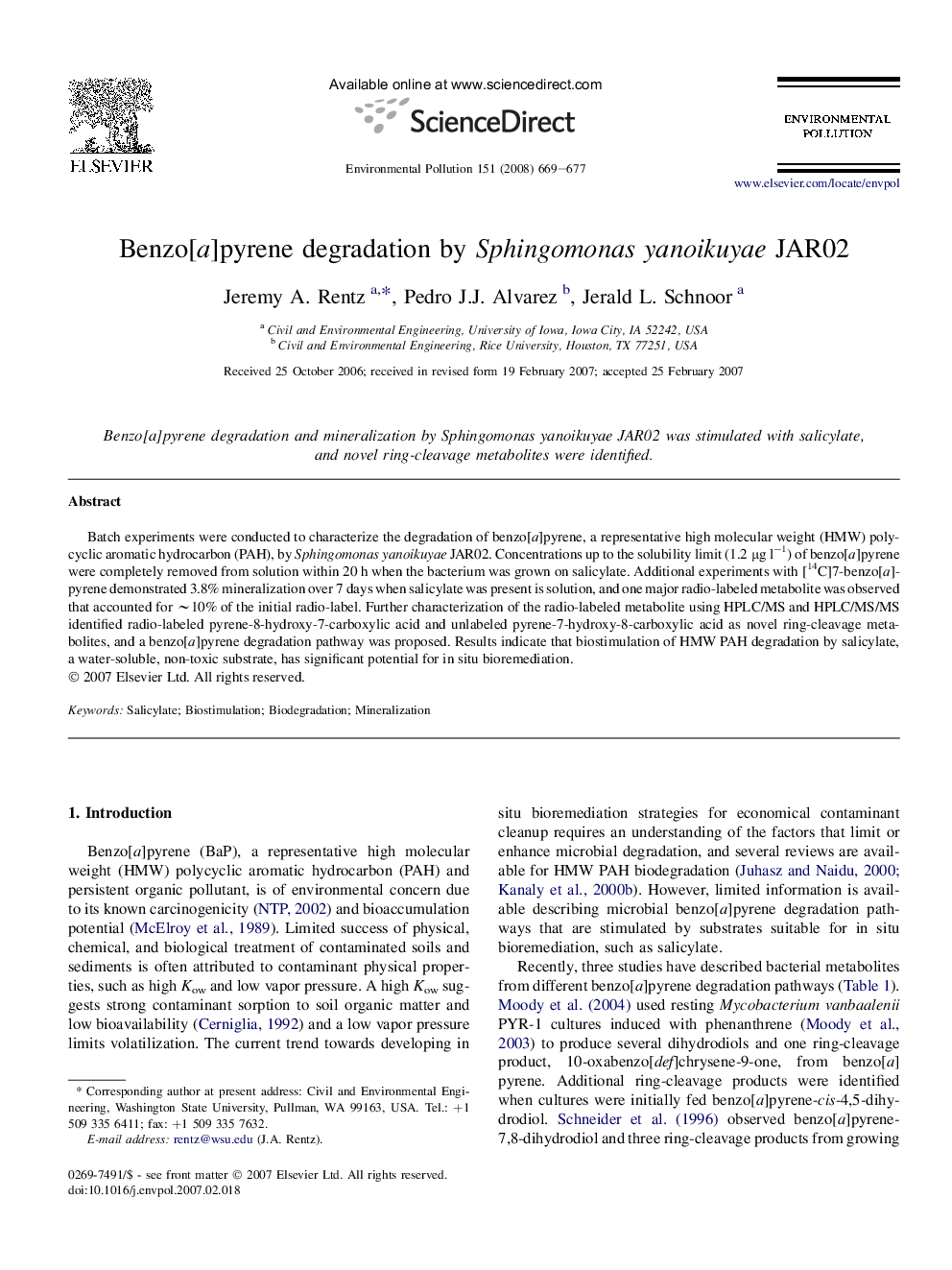 Benzo[a]pyrene degradation by Sphingomonas yanoikuyae JAR02