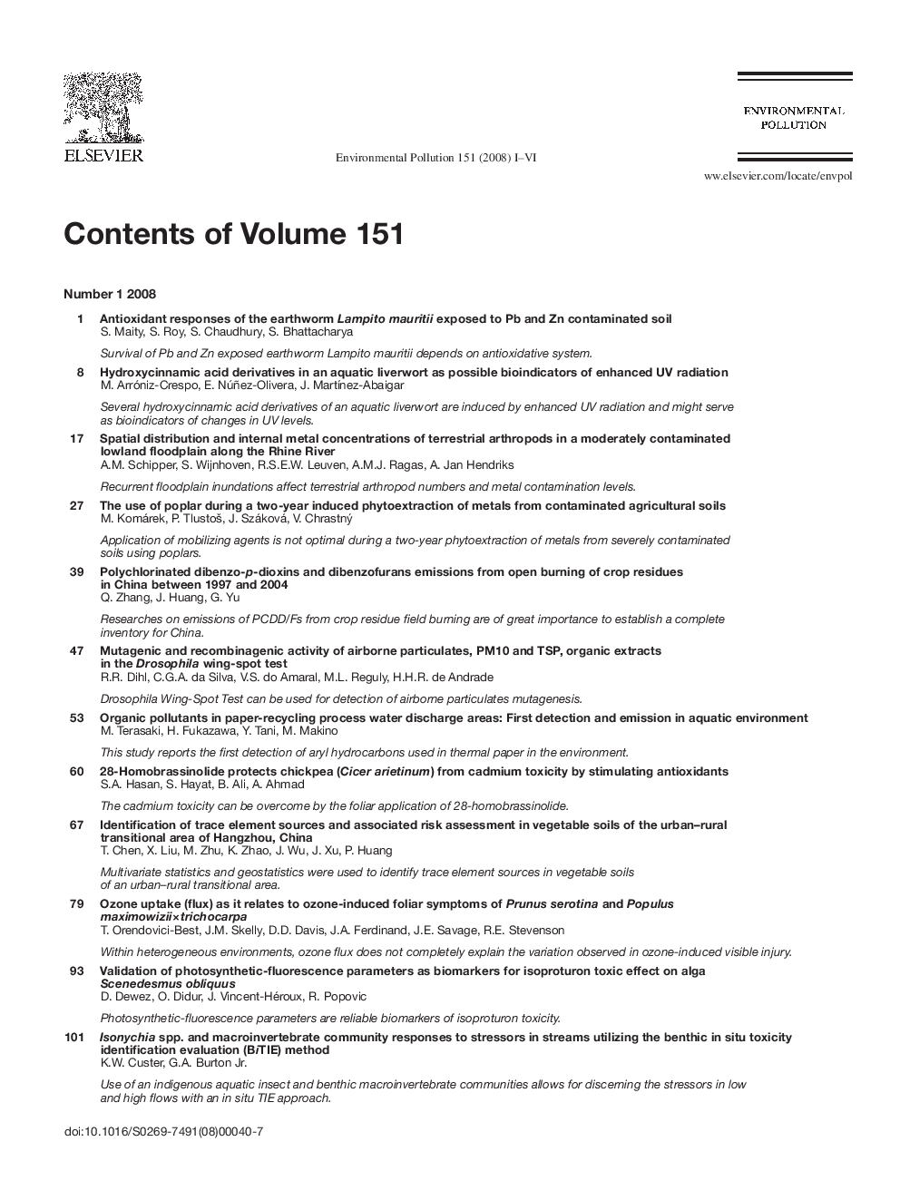 Contents of volume 151