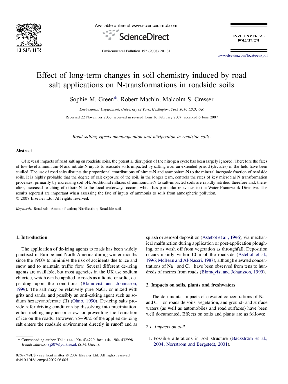 Effect of long-term changes in soil chemistry induced by road salt applications on N-transformations in roadside soils